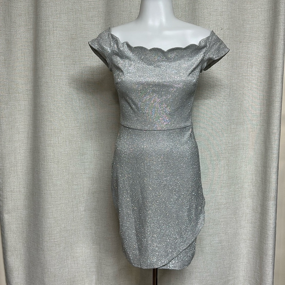 SALE ** B DARLIN  silver metallic scalloped trim off shoulder stretch dress